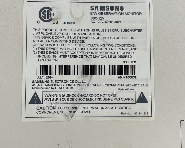 Samsung 12" CRT B/W Observation Security Monitor SSC-12M