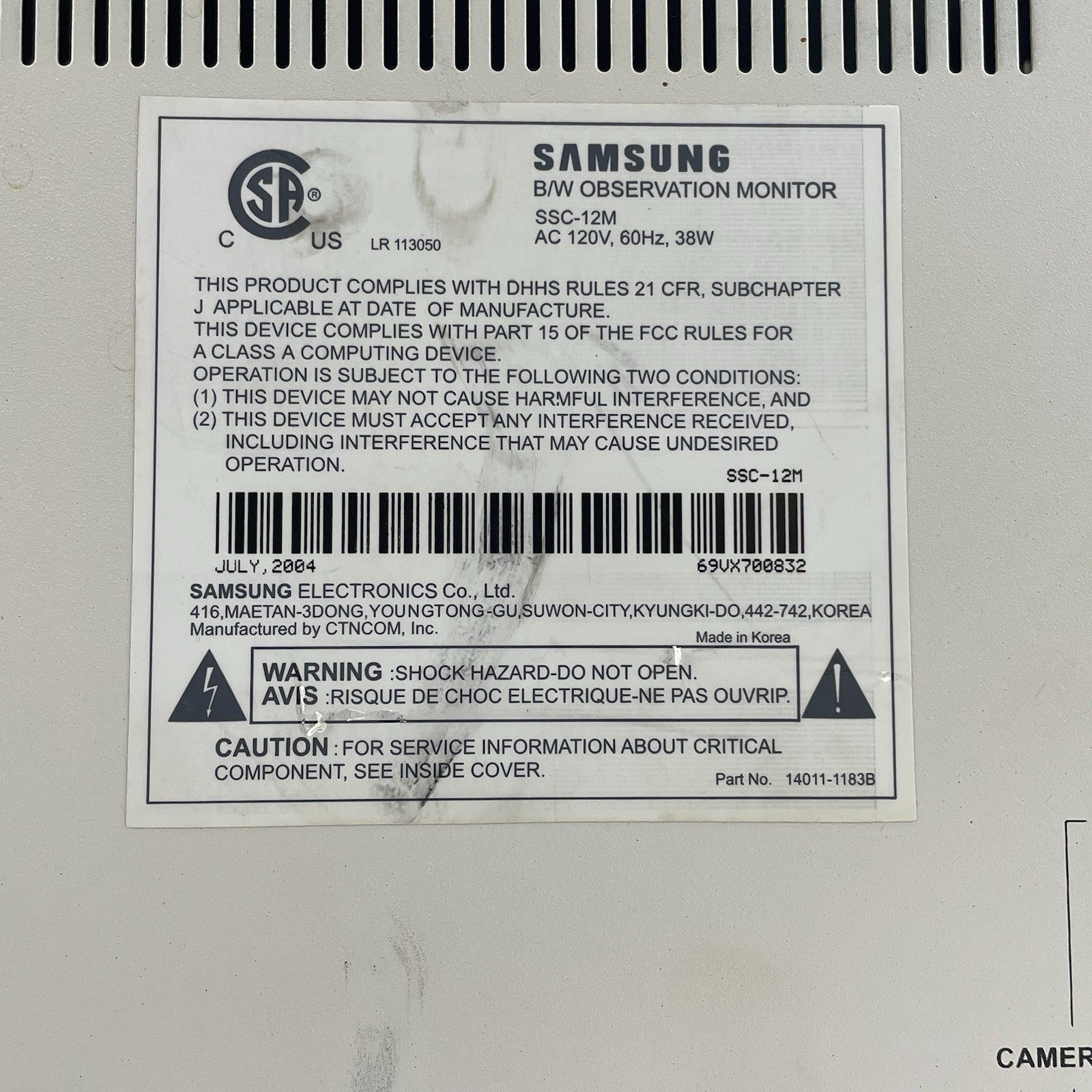 Samsung 12" CRT B/W Observation Security Monitor SSC-12M6