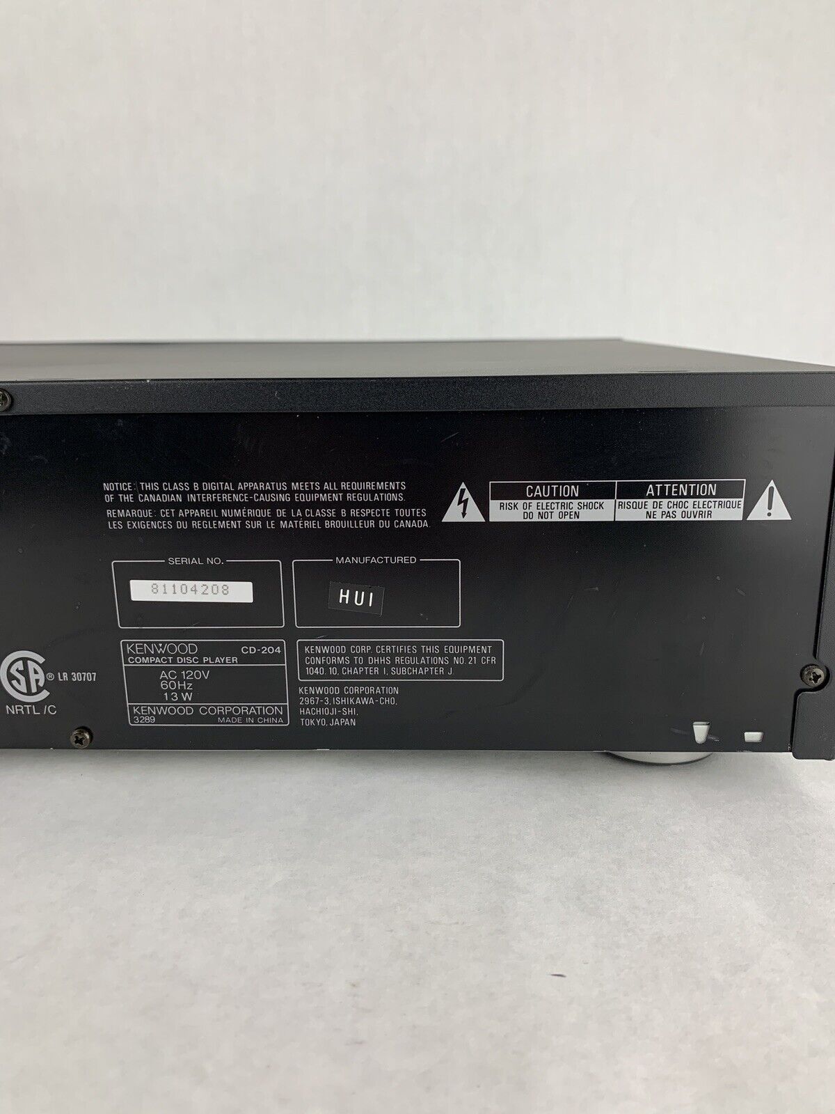 Kenwood CD-204 5-Disc CD Changer Missing Remote Broken Stop/Pause Buttons Tested