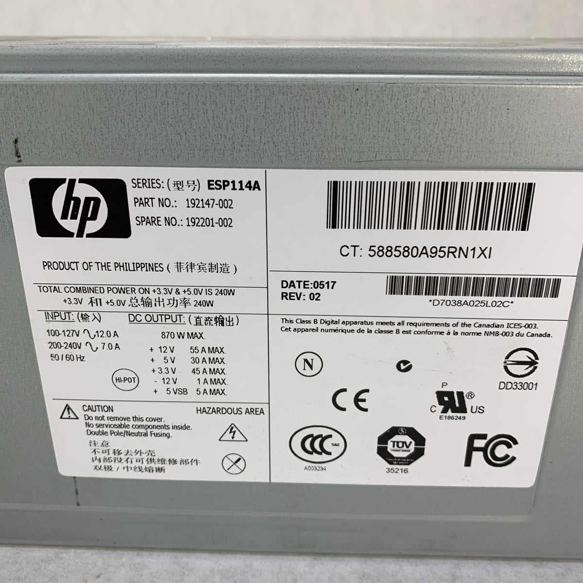 HP  Proliant ESP114A 870W Hot-Plug AC Redundant Power Supply 192147-0024