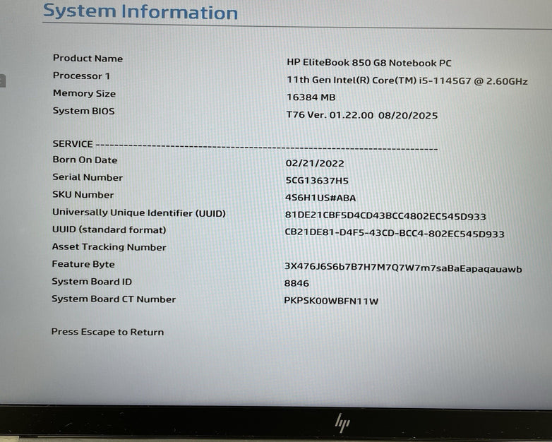 HP EliteBook 850 G8 15.6" i5-1145G7 2.60 GHz 16 GB RAM No SSD/OS/AC/Batt - Hinge