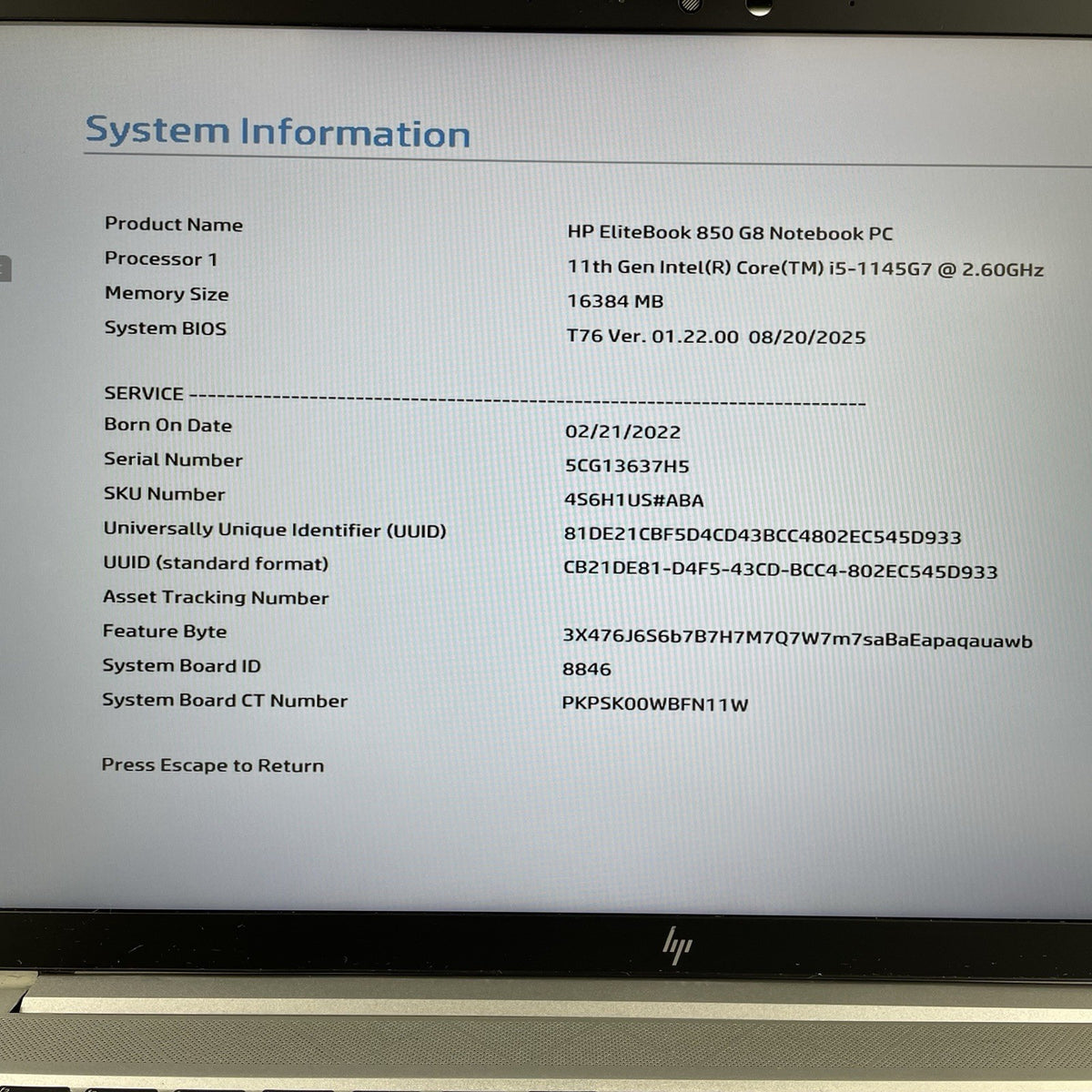 HP EliteBook 850 G8 15.6" i5-1145G7 2.60 GHz 16 GB RAM No SSD/OS/AC/Batt - Hinge3