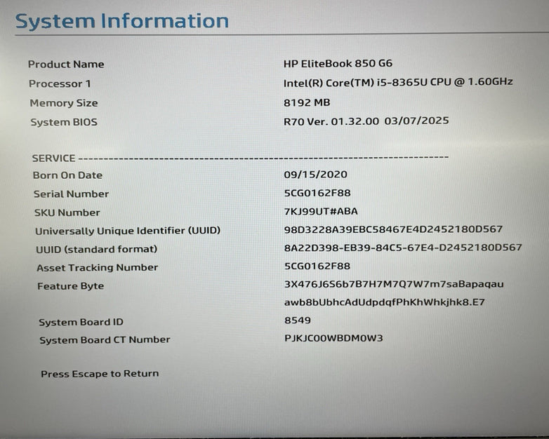 HP EliteBook 850 G6 15.6" i5-8365U 1.60 GHz 8 GB RAM No SSD/OS/AC - Dents