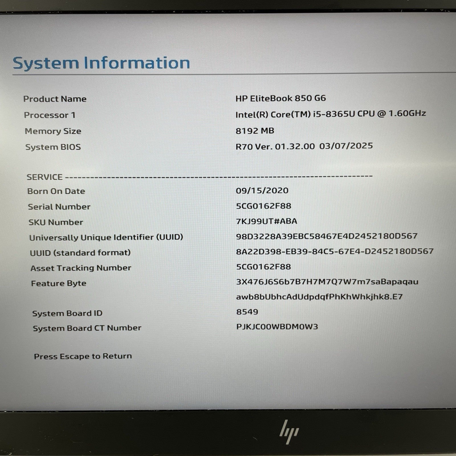 HP EliteBook 850 G6 15.6" i5-8365U 1.60 GHz 8 GB RAM No SSD/OS/AC - Dents2