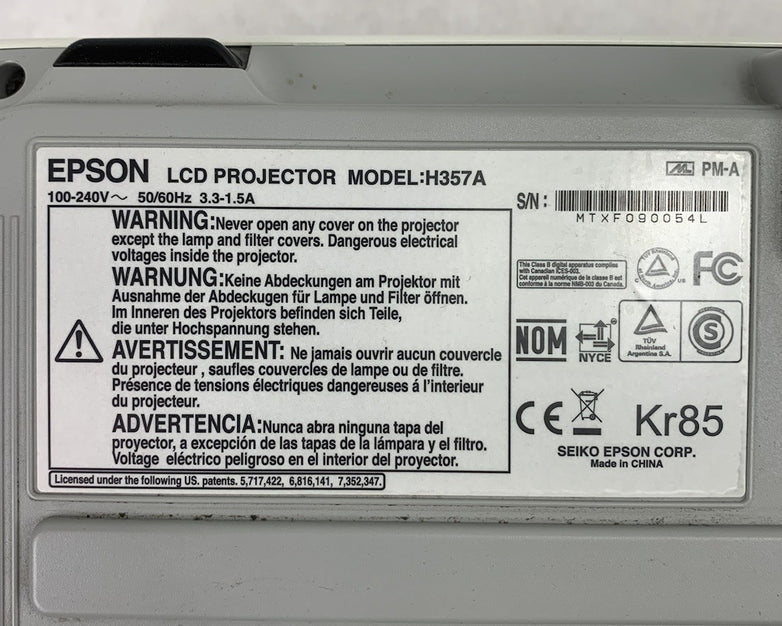 Epson Powerlite 826W+ H357A LCD Projector 4997 Lamp Hours
