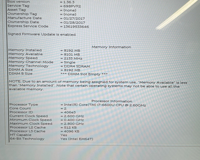 Dell Latitude E7470 14" i7-6600U 2.60 GHz 8 GB RAM No SSD/OS/AC/Battery
