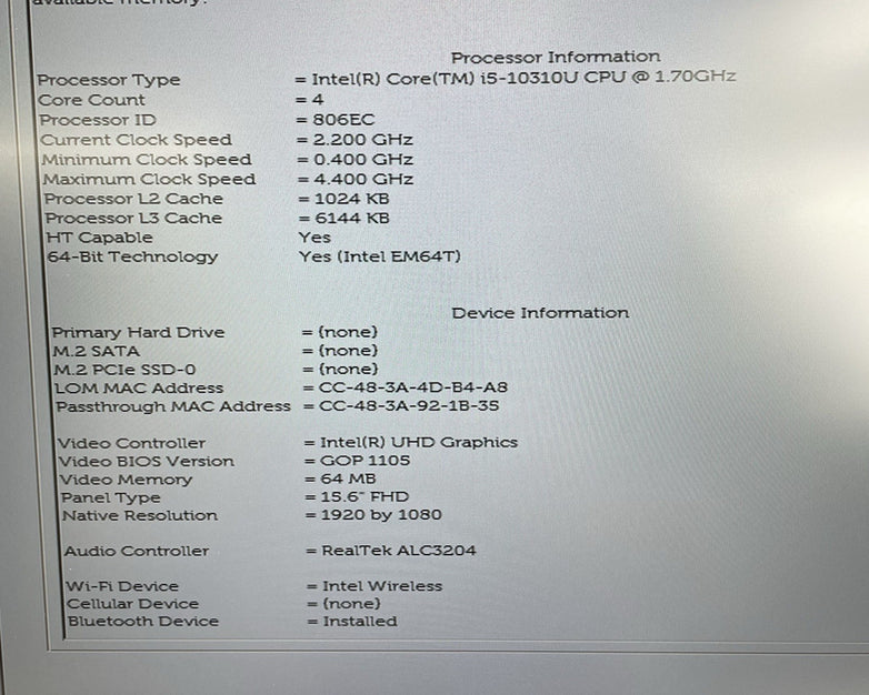 Dell Latitude 5510 15.6" i5-10310U 1.70 GHz 8 GB RAM No SSD/OS/Batt - Worn