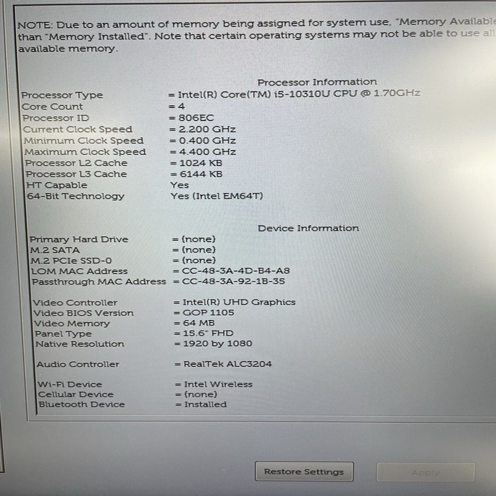 Dell Latitude 5510 15.6" i5-10310U 1.70 GHz 8 GB RAM No SSD/OS/Batt - Worn3