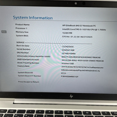 HP EliteBook 840 G7 14" i5-10310U 1.70 GHz 16 GB RAM No SSD/OS/AC - READ