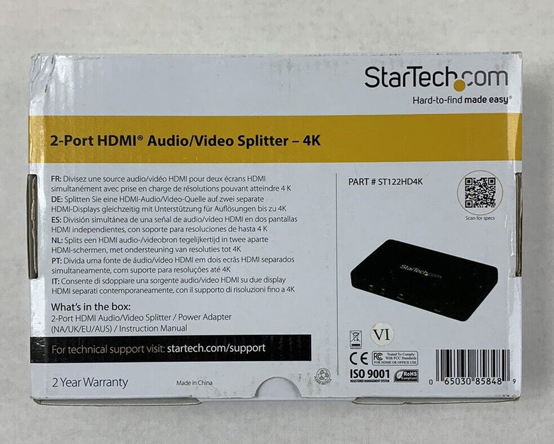 StarTech ST122HD4K 2-Port HDMI Audio Video Splitter 4K