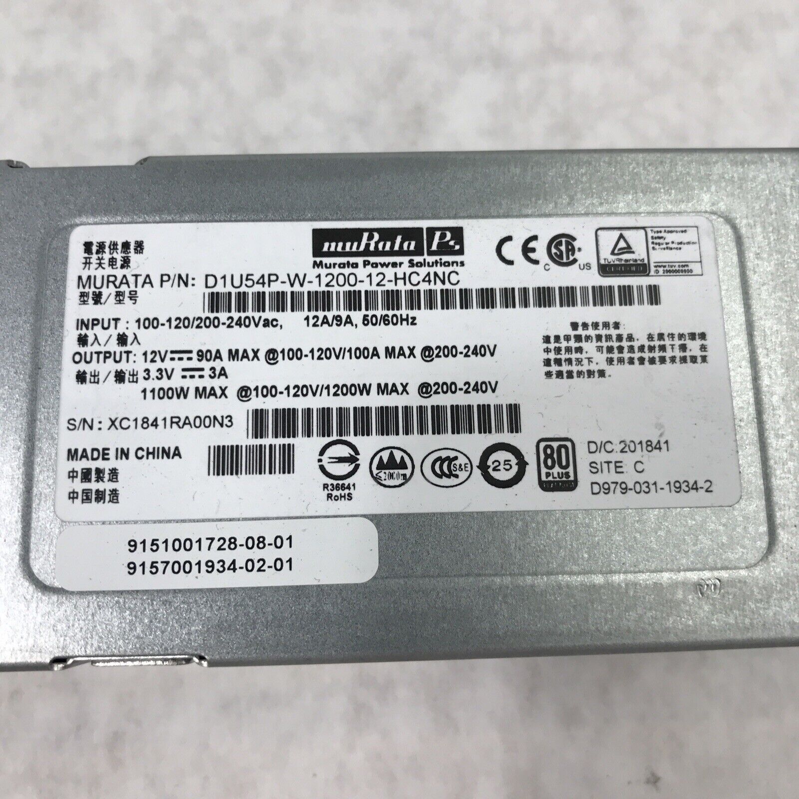 MURATA D1U54-D-1200-12-HC4NC 240V 12A 60Hz 1200W Power Supply