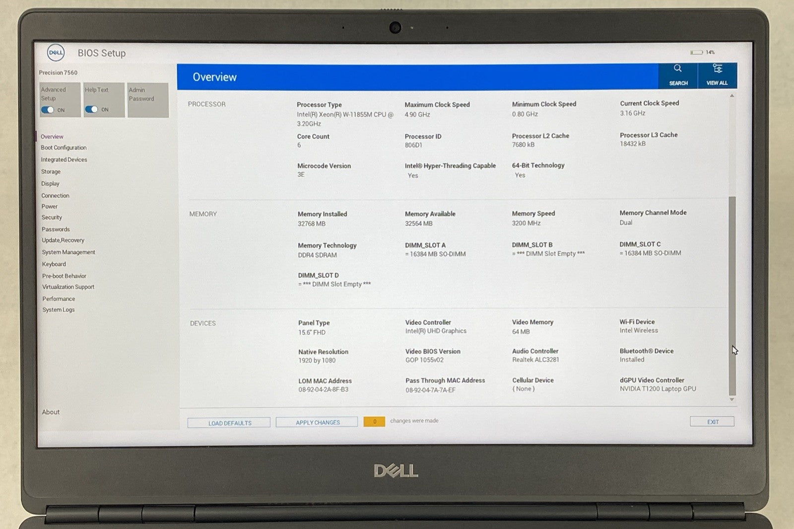 Dell Precision 7560 Intel Xeon W-11855M 3.16GHz 32GB RAM 15.6" No HDD No OS