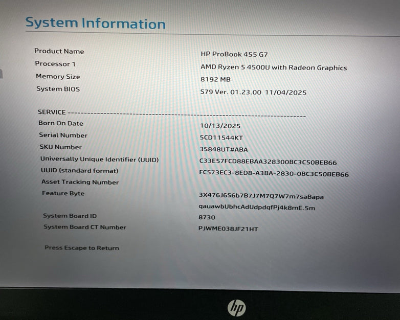 HP ProBook 455 G7 15.6" Ryzen5 4500U 2.375GHz 8GB RAM No SSD/OS/AC-Bad Heat Sink