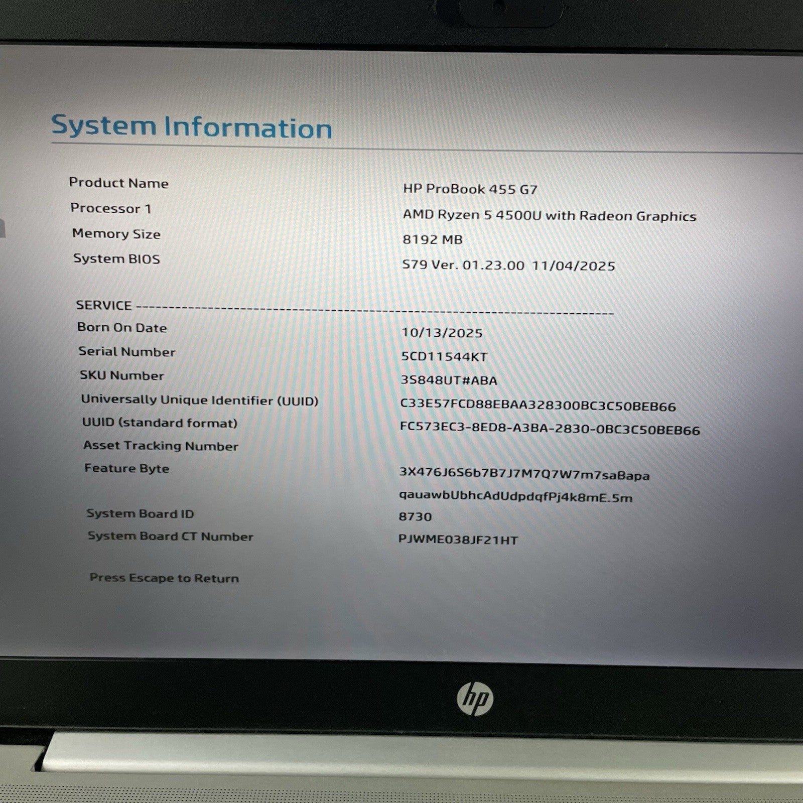HP ProBook 455 G7 15.6" Ryzen5 4500U 2.375GHz 8GB RAM No SSD/OS/AC-Bad Heat Sink2