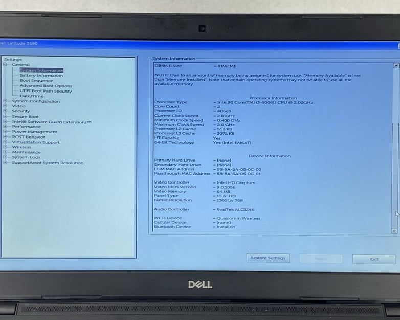 Dell Latitude 3580 Intel Core i3-6006U 2.00 GHz 8 GB RAM 15.6" No HDD No OS
