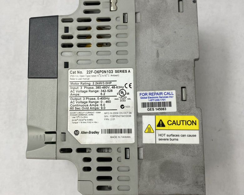 Allen Bradley Power Flex 22F-D6P0N103  Untested Parts or Repair