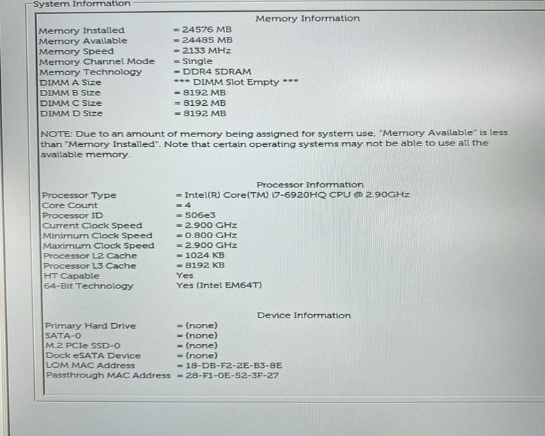 Dell Precision 7510 15.6" i7-6920HQ 2.90 GHz 8GB RAM No SSD/OS/AC