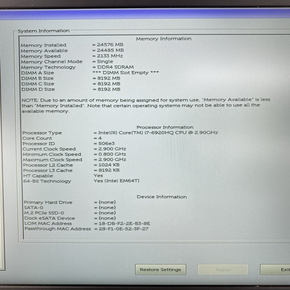 Dell Precision 7510 15.6" i7-6920HQ 2.90 GHz 8GB RAM No SSD/OS/AC3