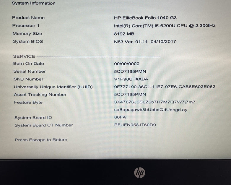 HP EliteBook Folio 1040 G3 14" i5-6200U 2.30 GHz 8 GB RAM No SSD/OS/AC/Wireless