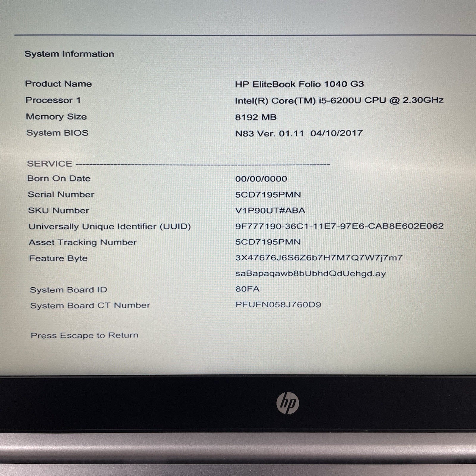 HP EliteBook Folio 1040 G3 14" i5-6200U 2.30 GHz 8 GB RAM No SSD/OS/AC/Wireless2