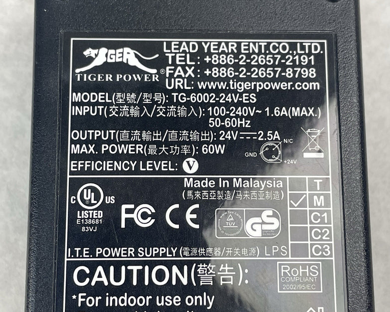 Tiger Power  TG-6002-24V-ES Ac Adapter for TPS A760 Thermal Printer 24V=2.5A