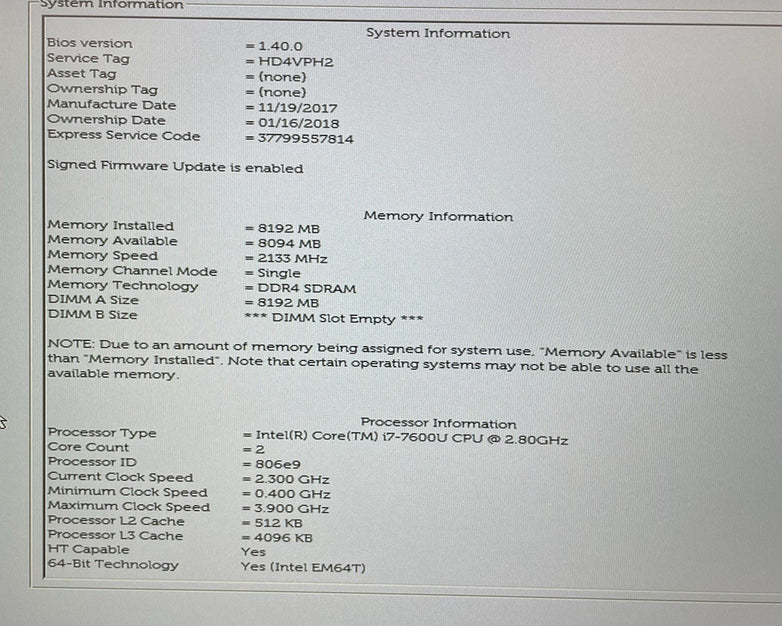 Dell Latitude 7480 14" i7-7600U 2.80 GHz 8 GB RAM No SSD/OS/AC/Batt