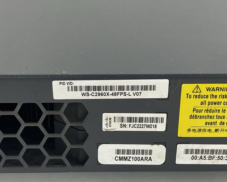 Cisco WS-C2960x-48FPS-L V07 48 Port Ethernet Switch Tested and Reset