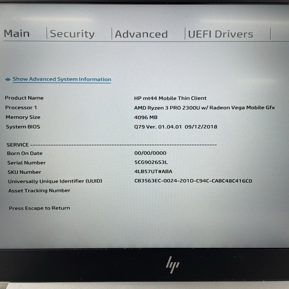 HP mt44 14" Ryzen 3 Pro 2300U 2.00 GHz 4 GB RAM No SSD/OS/AC/Batt3