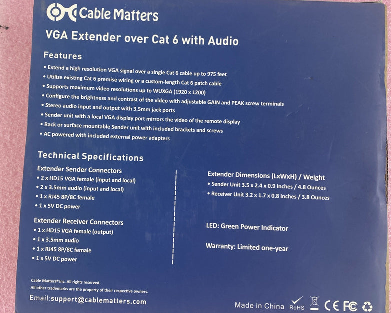 Cable Matters 103004 VGA Etender Over Cat 6 Cable