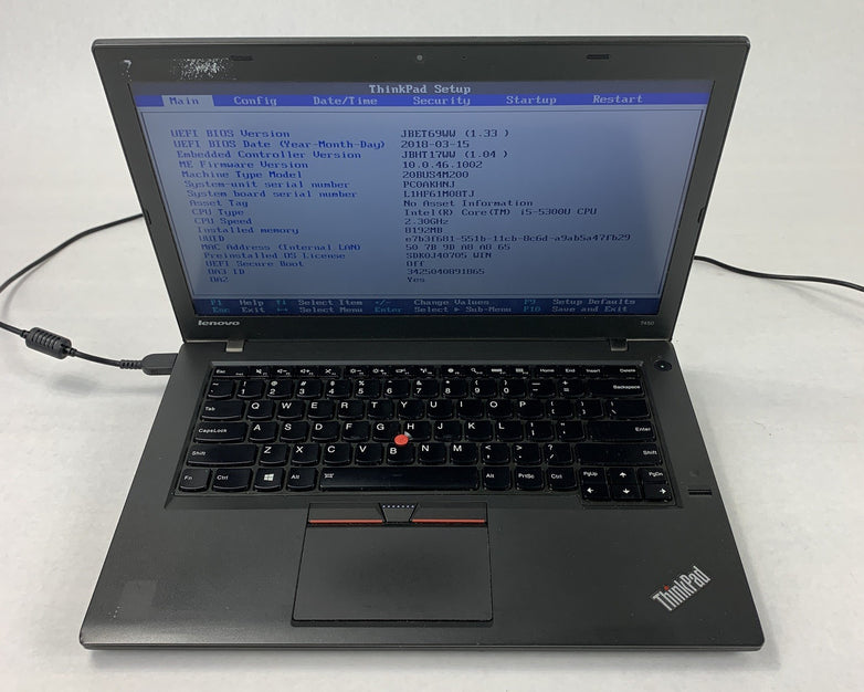 Lenovo T450 14" Laptop i5-5300u 2.3 GHz 8 GB Ram No OS No HDD No AC