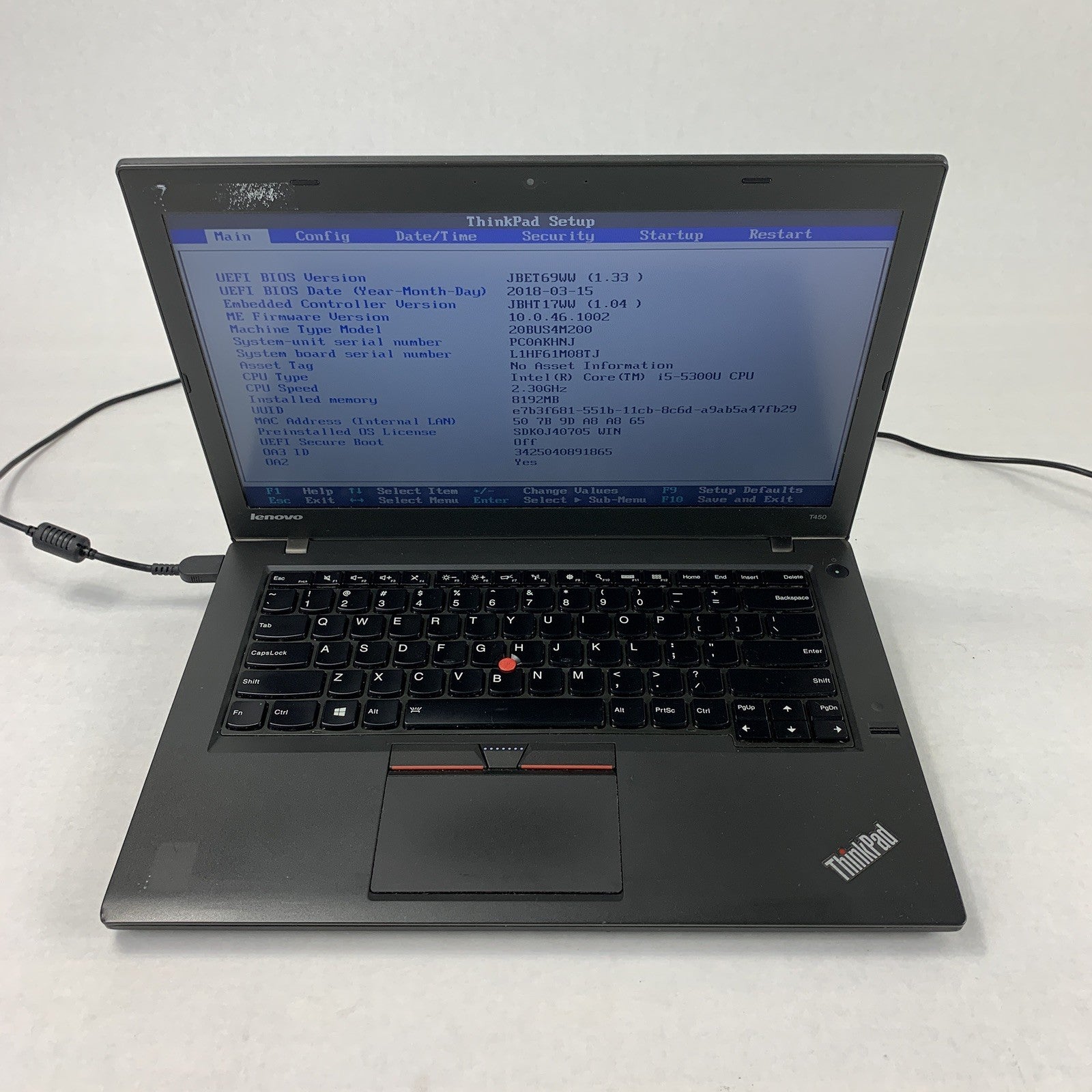 Lenovo T450 14" Laptop i5-5300u 2.3 GHz 8 GB Ram No OS No HDD No AC