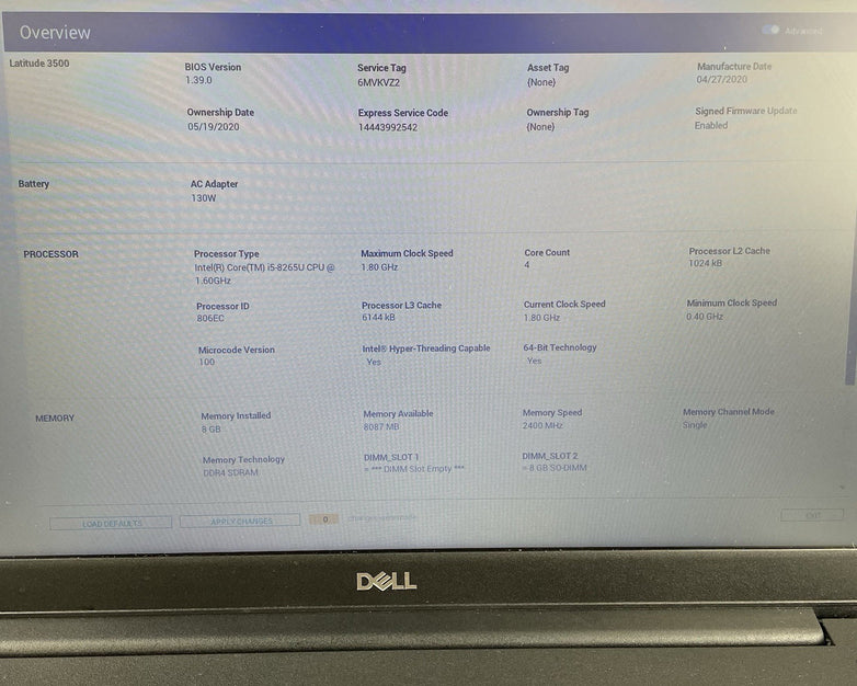 Dell Latitude 3500 15.6" i5-8265U 1.60GHz 8GB RAM No SSD/OS/AC/Batt - Bad Bottom