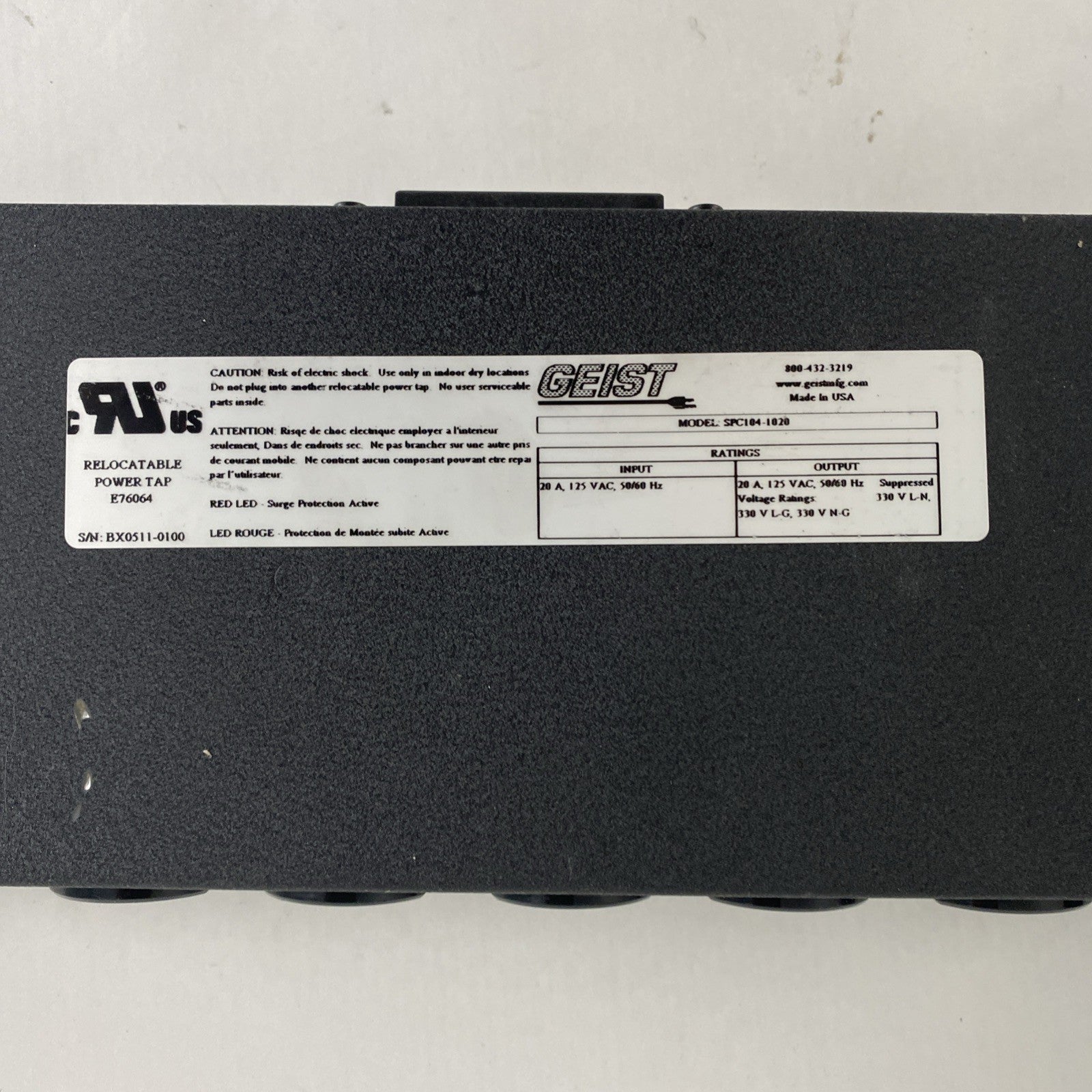 Geist SPC104-1020 10 Outlet 125VAC 20A Power Strip9