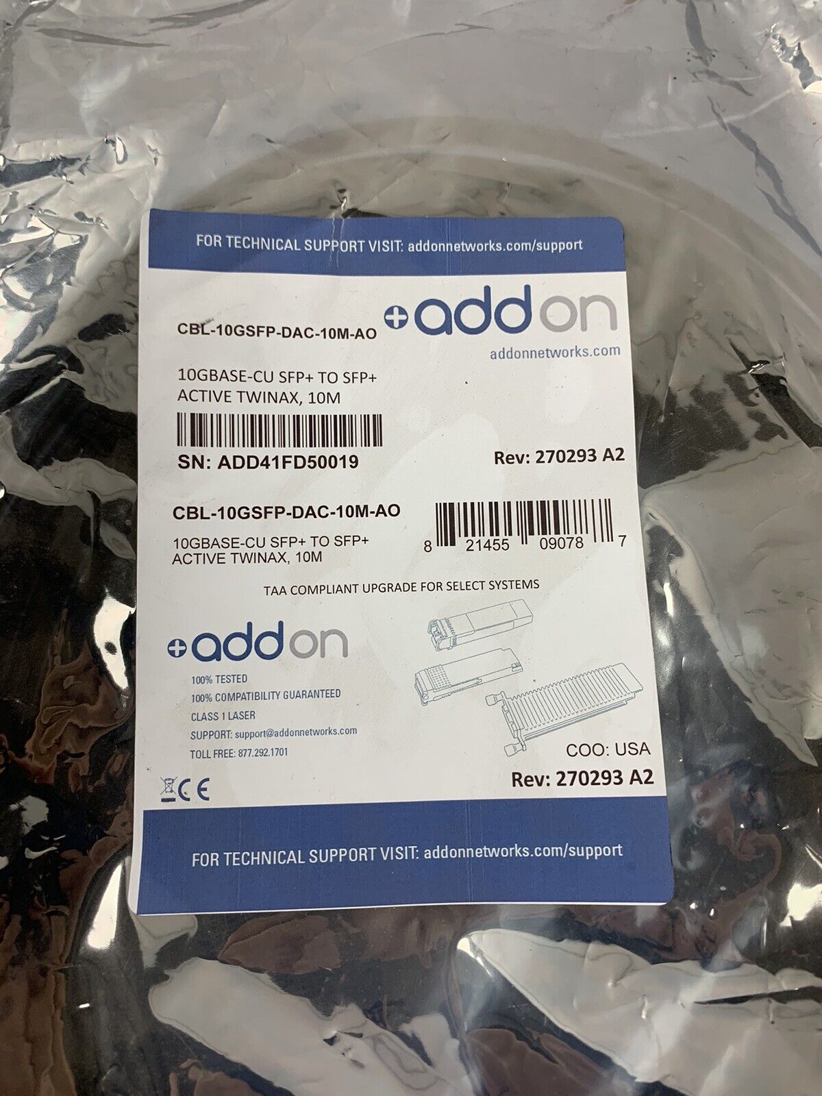 Addon 10GBASE-CU Twinax 10M Active Cable AO-ADAC-10GE+10M
