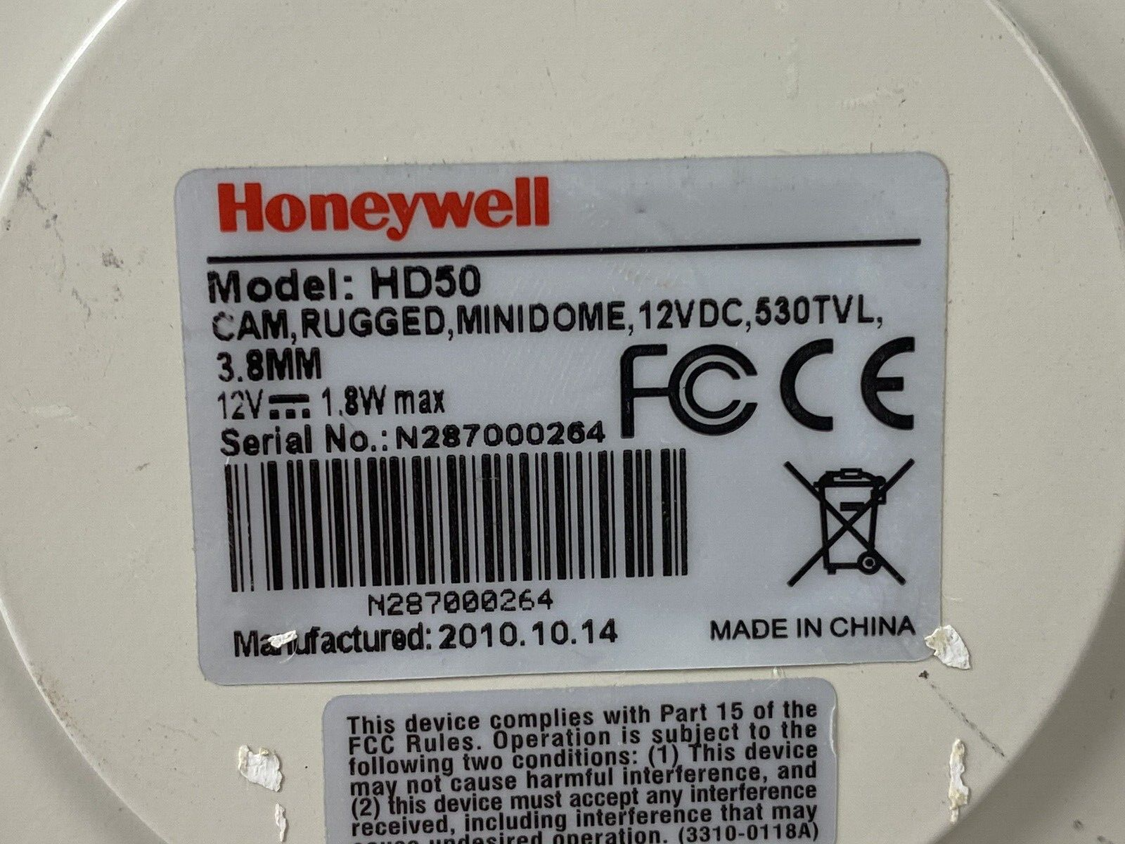 Honeywell HD50 Rugged Dome Security Camera Untested For Parts or Repair