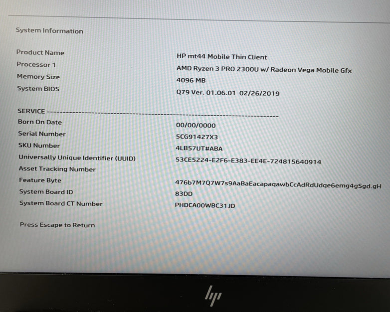 HP mt44 14" Ryzen 3 Pro 2300U 2.00 GHz 4 GB RAM No SSD/OS/AC/Batt