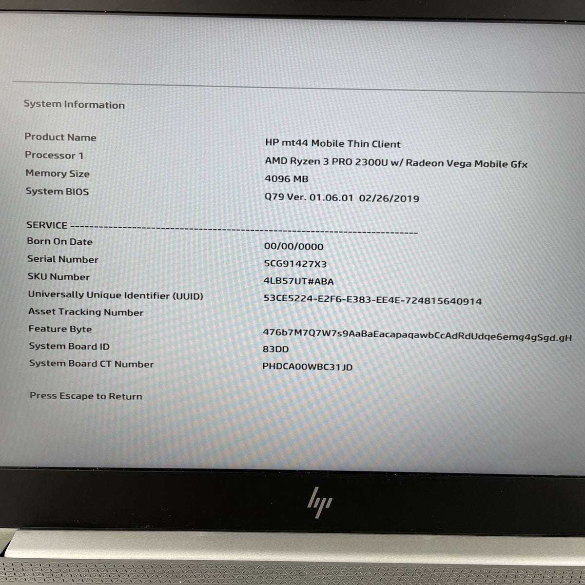 HP mt44 14" Ryzen 3 Pro 2300U 2.00 GHz 4 GB RAM No SSD/OS/AC/Batt3