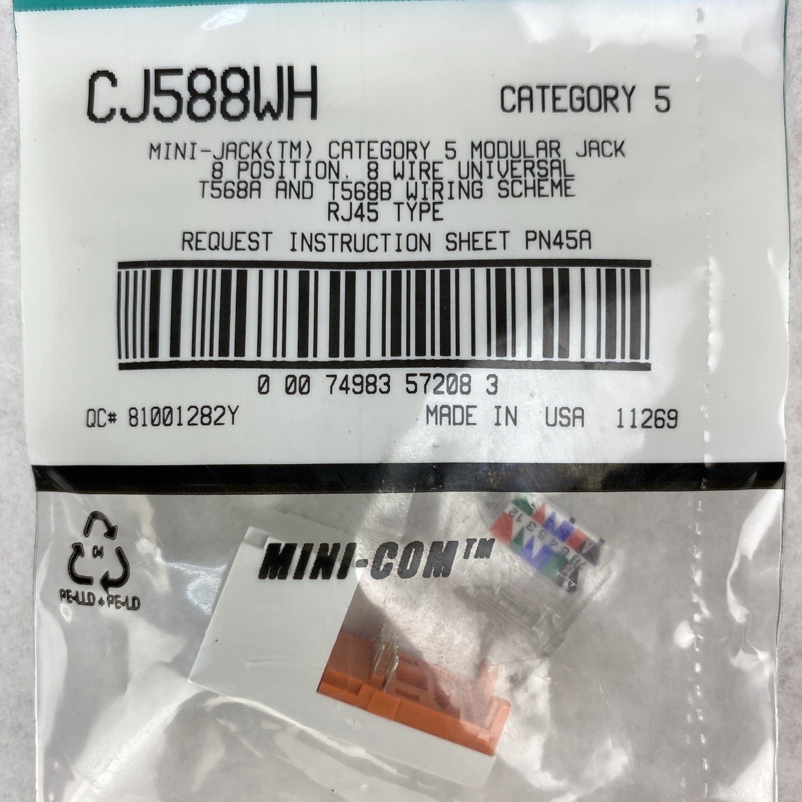Panduit White Mini-Jack CJ588WH CAT5 RJ45 Modules T568A and T568B - Lot of 112