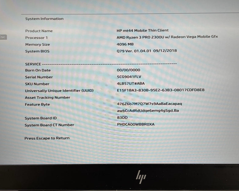 HP mt44 14" Ryzen 3 Pro 2300U 2.00 GHz 4 GB RAM No SSD/OS/AC