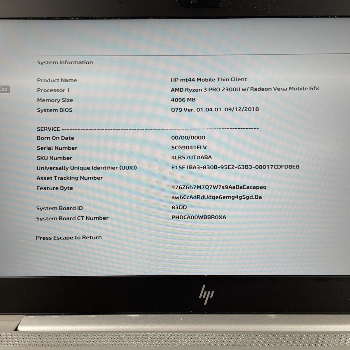 HP mt44 14" Ryzen 3 Pro 2300U 2.00 GHz 4 GB RAM No SSD/OS/AC3
