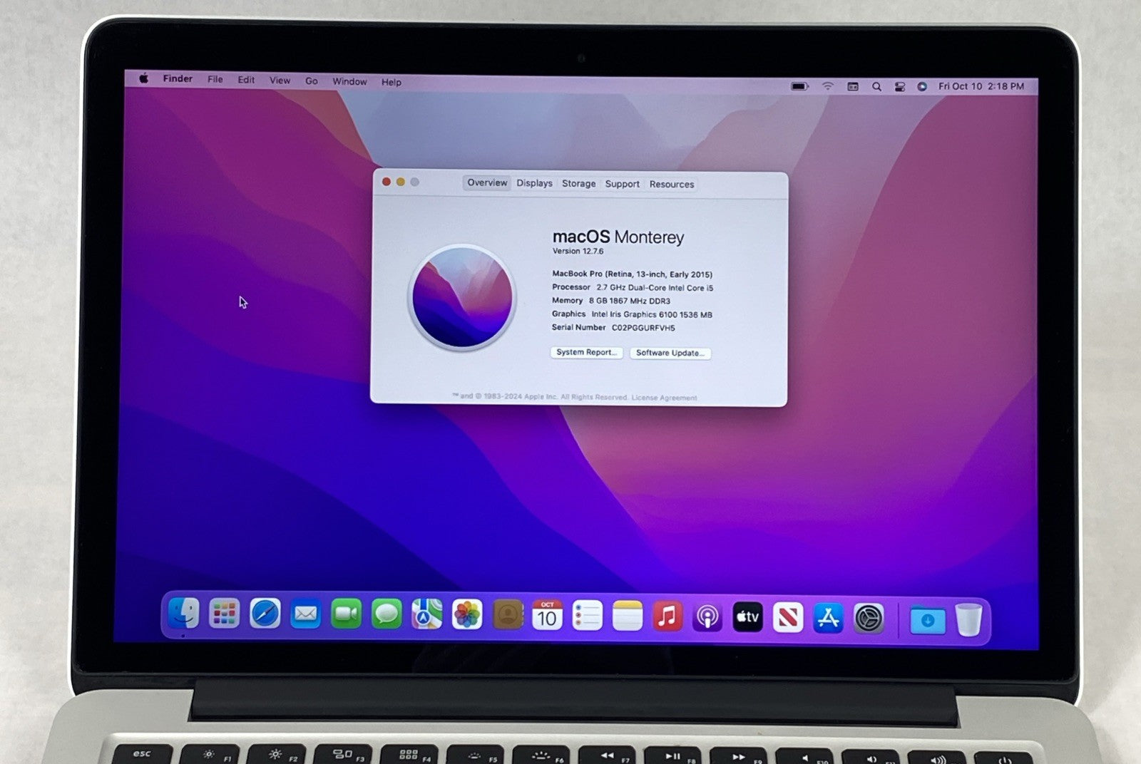 Apple MacBook Pro A1502 2015 Retina 13" 2.7GHz i5 8GB RAM 120GB SSD os12.7.6