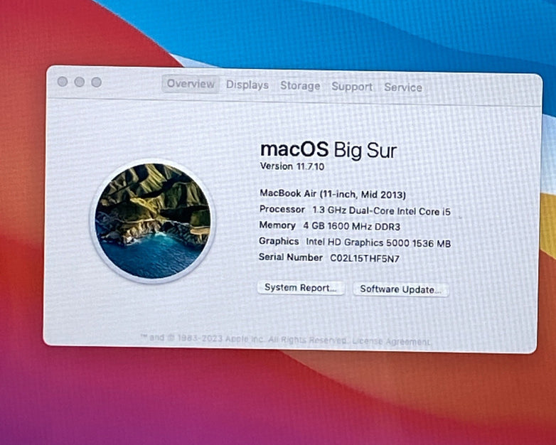Apple A1465 MacBook Air 2013 11" 1.3Ghz i5 4GB RAM 120GB SSD os11.7.1 321 Cycles