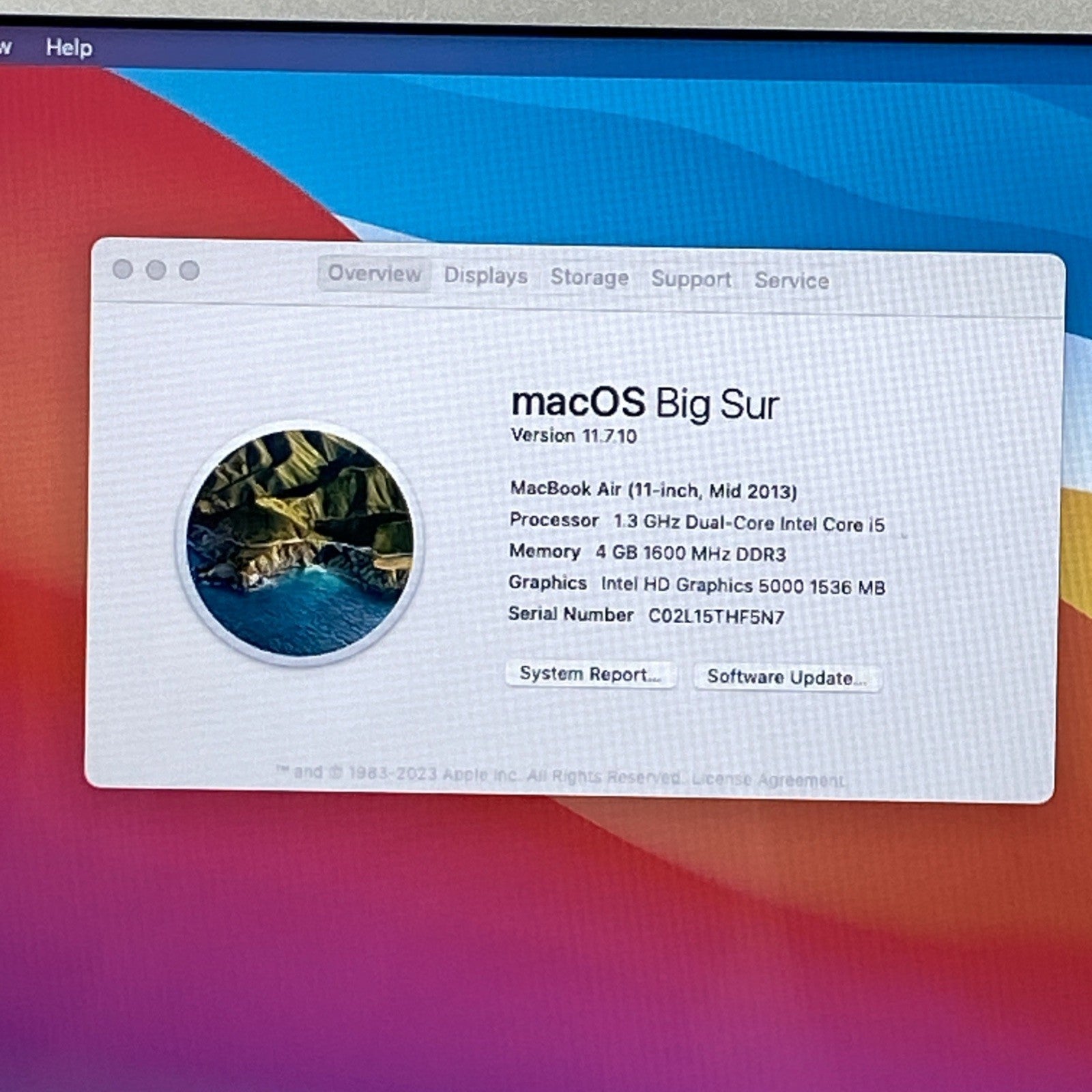 Apple A1465 MacBook Air 2013 11" 1.3Ghz i5 4GB RAM 120GB SSD os11.7.1 321 Cycles