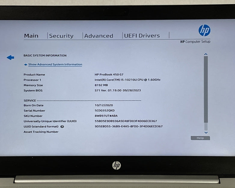 HP ProBook 450 G7 Core i5-10210U 1.60 GHz 8 GB RAM 15.6" No SSD No OS