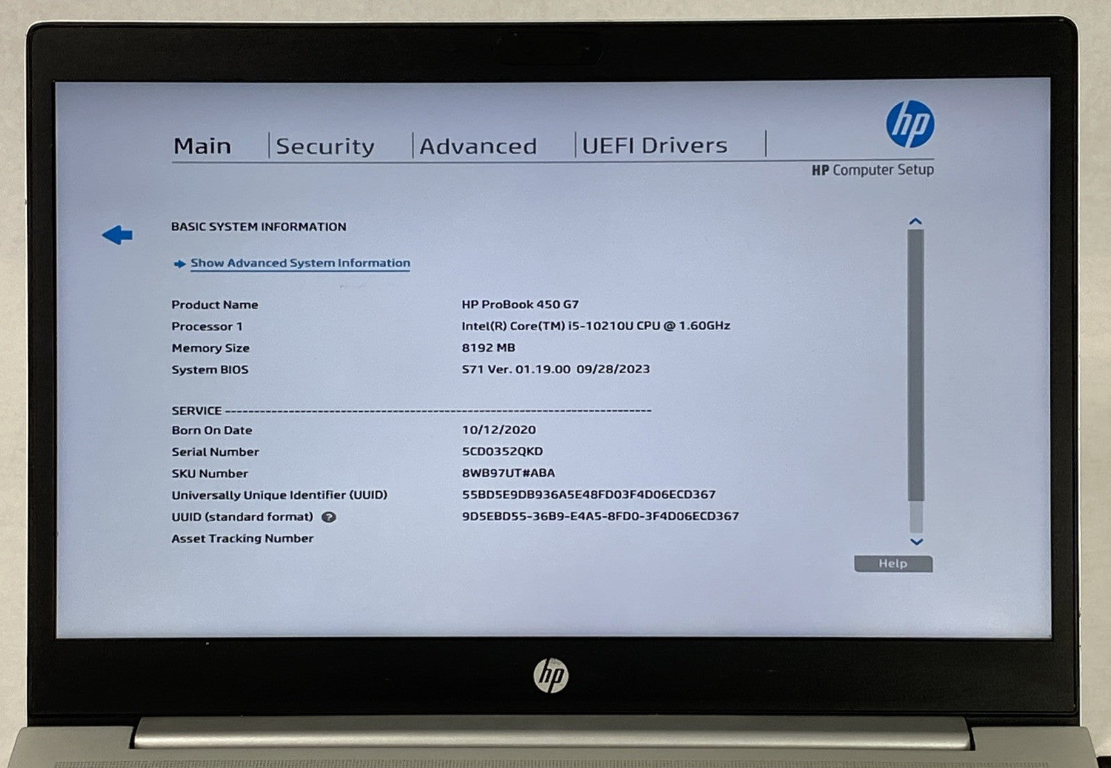 HP ProBook 450 G7 Core i5-10210U 1.60 GHz 8 GB RAM 15.6" No SSD No OS