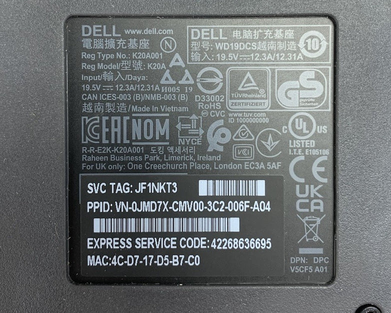 Dell WD19DCS Thunderbolt USB-C Docking Station - No AC Adapter