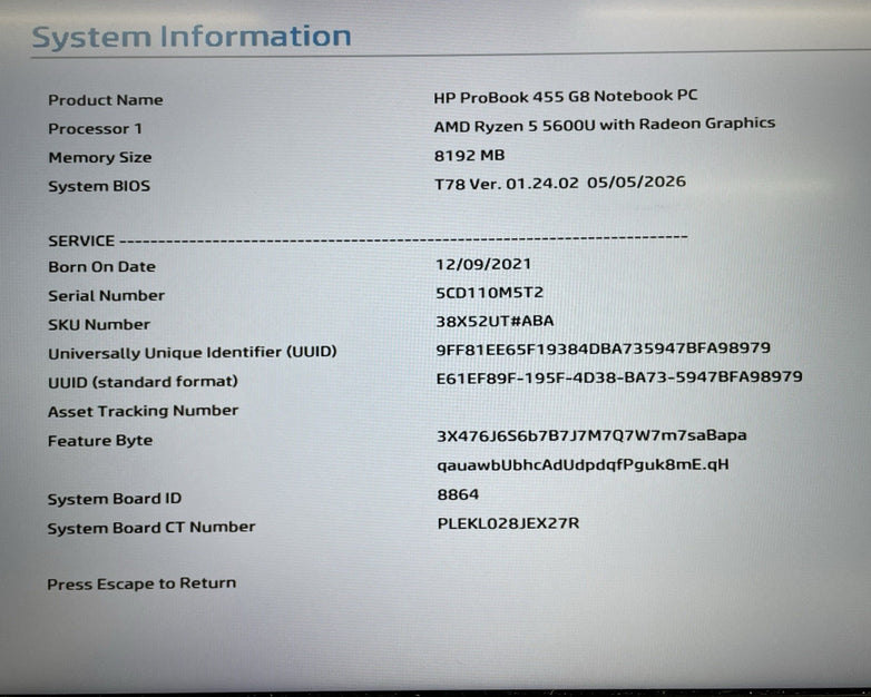 HP ProBook 455 G8 15.6" Ryzen 5 5600U 2.30GHz 8GB RAM No SSD/OS/AC - Missing Key