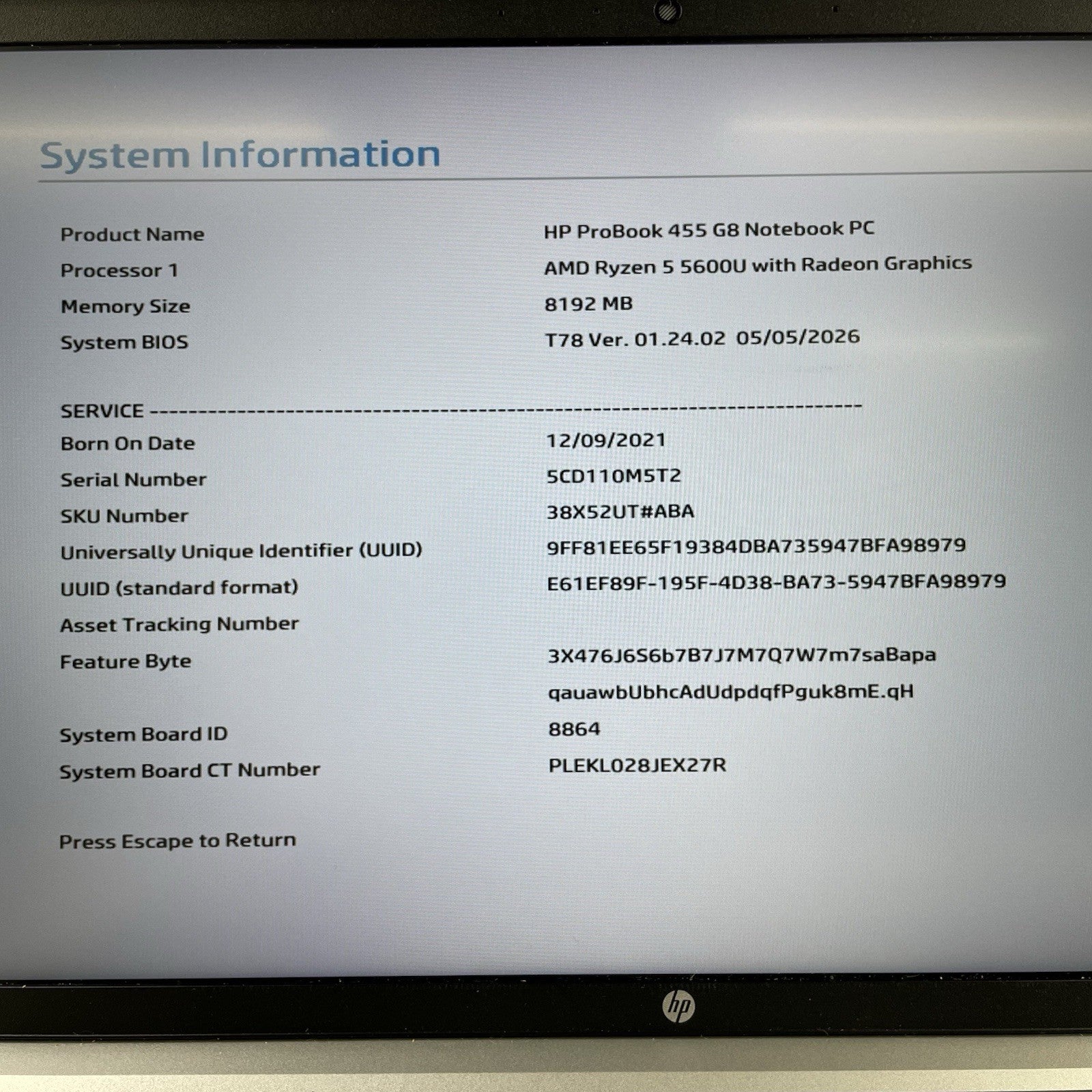 HP ProBook 455 G8 15.6" Ryzen 5 5600U 2.30GHz 8GB RAM No SSD/OS/AC - Missing Key3