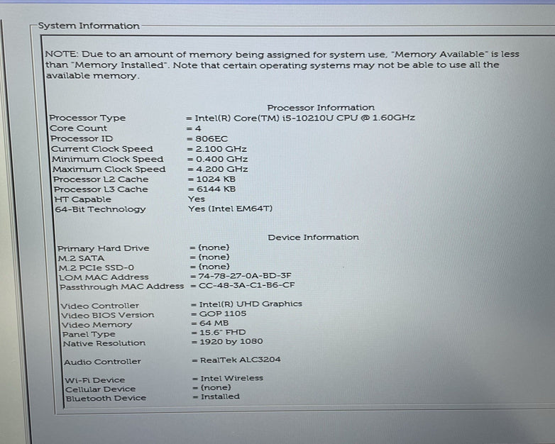 Dell Latitude 5510 15.6" i5-10210U 1.60 GHz 8 GB RAM No SSD/OS/AC/Batt
