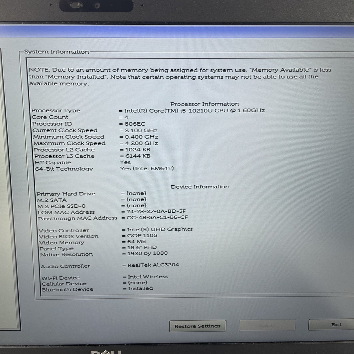 Dell Latitude 5510 15.6" i5-10210U 1.60 GHz 8 GB RAM No SSD/OS/AC/Batt3